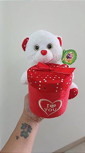 Urso Caco Branco Presente Redondo Brilho "I LOVE YOU" 21 cm de Pelúcia 88H-24104-20