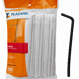 Canudo p/ Drink PRETO Flexível 6x210mm c/ 100un Plazapel