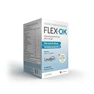 FLEX OK Ácido hialurônico 157,7 mg + UC II 40 mg + Óleo de krill 300 mg + Palmitoiletanolamida 600 mg.