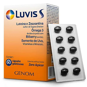 Luvis S Luteína, Zeaxantina, Ômega 3, Extrato de Semente de Uva, Vitaminas e Minerais 60 cápsulas moles.