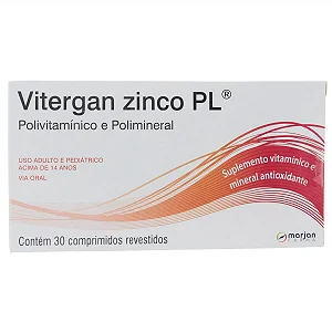 Vitergan Zinco PL 30mg Zinco Polivitamínico e Polimineral Antioxidante 30 comprimidos revestidos.