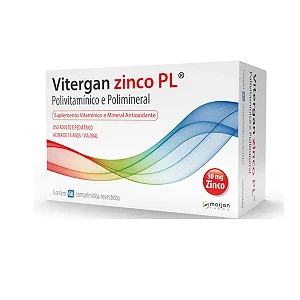 Vitergan Zinco PL 30mg Zinco Polivitamínico e Polimineral Antioxidante 60 comprimidos revestidos.