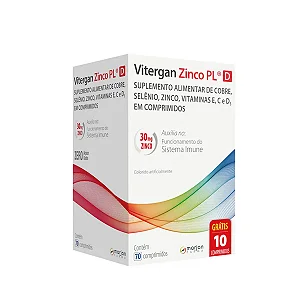 Vitergan Zinco PL D Cobre, Selênio, Zinco 30mg, Vitaminas E, C e D3 Contém 70 comprimidos + 10 grátis.