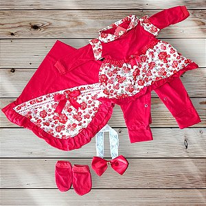 saida maternidade roupa bebe recém nascido vermelho florzinha
