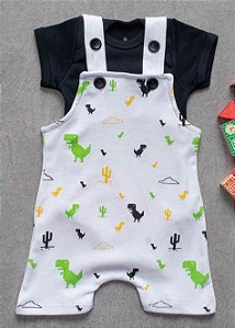 CONJUNTO JARDINEIRA ALGODÃO COM BODY BEBÊ BRANCO DINO