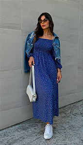 VESTIDO MIDI FLORAL AZUL MARINHO