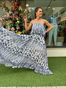 VESTIDO LONGO AMPLO PLISSADO CAMADAS AZUL