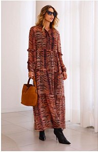 VESTIDO ANIMAL PRINT COM FRANZIDOS CHIFFON COM COMBINACAO