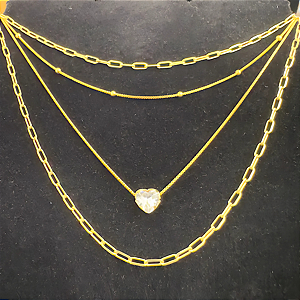 Conjunto Colares Cartier Pedra Coração Cristal Folheado a Ouro 18k