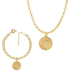Conjunto Choker E Pulseira Medalha São Bento Folheado A Ouro