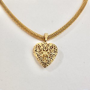 Colar Coração Relicário Corrente Pandora Folheado A Ouro 18k