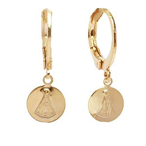 Brinco Argolinha Chapa Nossa Senhora Folheado A Ouro 18k