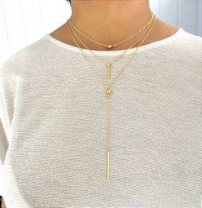 Colar Triplo Chapa Palito Bolinha Folheado Ouro 18k