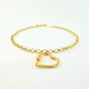Colar Choker Elo Português e Coração Folheado em Ouro 18k