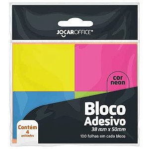 BLOCO ADESIVO - C/4 BLOCOS NEON - JOCAR OFFICE - 4 CORES - AZUL,ROSA,AMARELO,VERDE
