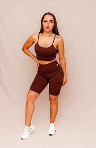 Conjunto Bermuda Bolso + Top Decote Alça Confort - Coffe