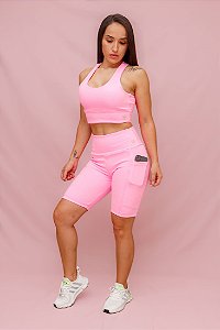 Conjunto Bermuda Bolso + Top Decote U Confort - Rosa Chiclete