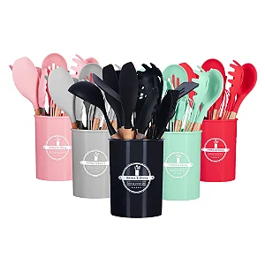 Kit 12 Utensílios De Cozinha Em Silicone Com Cabo De Madeira