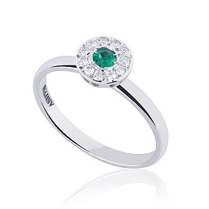 Anel Esmeralda e Brilhantes em Ouro Branco 18K
