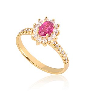Anel Turmalina Rosa com Brilhantes em Ouro 18K