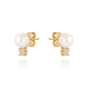 Brinco Pérola e Brilhante em Ouro 18K