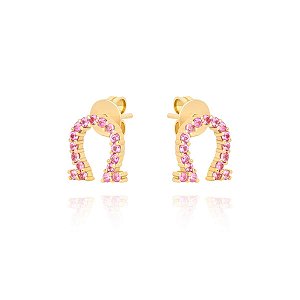 Brincos Ferradura com Safiras Rosas em Ouro 18K