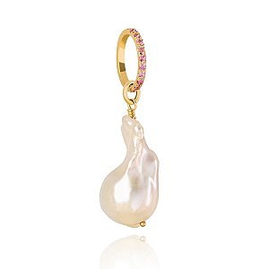 Pingente Pérola Biwa com Argola Cravejada de Safiras Rosa em Ouro 18K