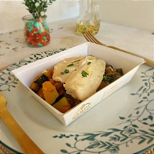 Filé de Tilápia ao Siciliano + Cabotiá rústica no vapor + Berinjela