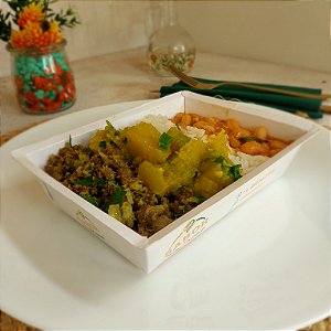 Carne moída c/ Brócolis + Arroz, Feijão e Cabotiá refogada