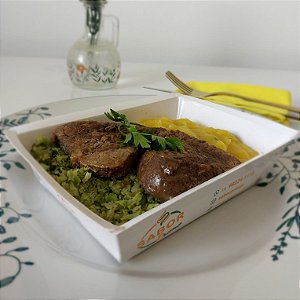 Filé Mignon bovino grelhado + Purê de mandioquinha + Arroz de brócolis