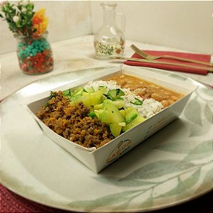 Carne moída c/ brócolis + Arroz, Feijão e Chuchu refogado