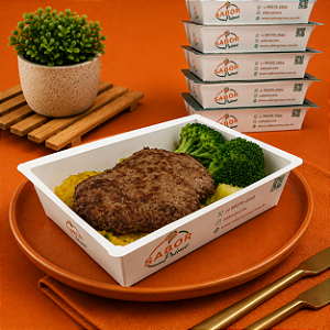 Hamburguer artesanal + Purê de mandioquinha + Brócolis no azeite
