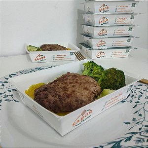 Hamburguer artesanal + Purê de mandioquinha + Brócolis no azeite