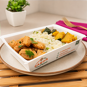 Filé mignon suíno + Arroz de couve flor + Cabotiá rústica no vapor