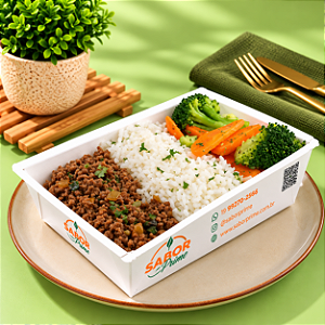 Carne moída c/ tomate + Arroz + Cenoura e Brócolis