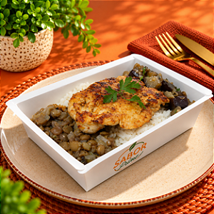 Filé de frango grelhado + Arroz, Lentilha e Berinjela