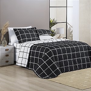 Cobre Leito Casal Padrão 03 Peças Dupla Face 200 Fios Estampado Austin - Preto