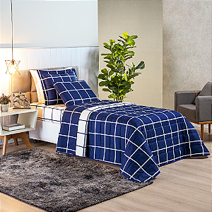 Cobre Leito Solteiro 03 Peças Dupla Face 200 Fios Estampado Austin - Marinho