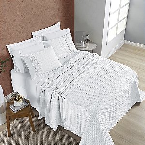 Cobre Leito Casal Padrão 03 Peças Dupla Face 200 Fios Bordado Inglês Nobless - Branco Neve
