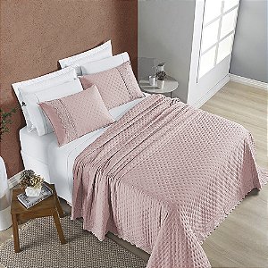 Cobre Leito Casal Padrão 03 Peças Dupla Face 200 Fios Bordado Inglês Nobless - Sal Rosa
