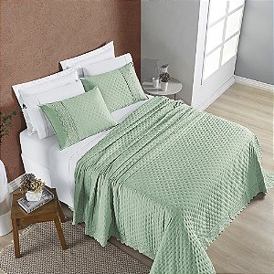 Cobre Leito Casal Padrão 03 Peças Dupla Face 200 Fios Bordado Inglês Nobless - Salvia