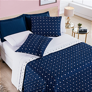Cobre Leito Solteiro 03 Peças Dupla Face 200 Fios Estampado Petit Poá - Marinho