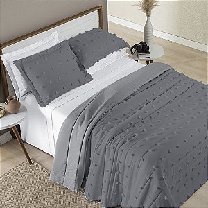 Cobre Leito King 03 peças Dupla Face 300 Fios com Pompom Poppy - Cinza
