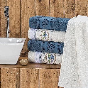 Jogo de banho 05 Peças 100% Algodão bordada Ponto Russo - Azul/Palha