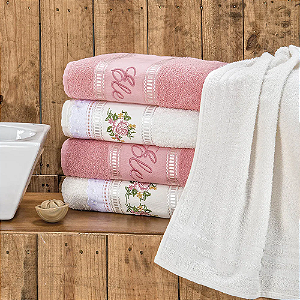 Jogo de banho 05 Peças 100% Algodão bordada Ponto Russo - Rosê/Palha