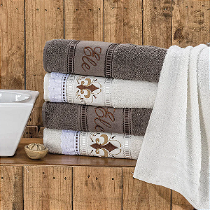 Jogo de banho 05 Peças 100% Algodão bordada Ponto Russo - Tabaco/Palha