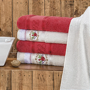 Jogo de banho 05 Peças 100% Algodão bordada Ponto Russo - Vermelho/Palha