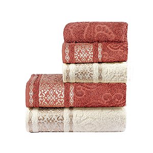 Jogo de banho 05 Peças 100% Algodão Toalha Felpuda Essence - Terracota/Pérola