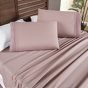 Jogo de Cama Lençol Casal Padrão 04 Peças Bordado Micropercal 200 Fios Allegra - Sal Rosa