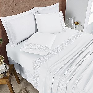 Jogo de Cama Lençol King 04 Peças Bordado Micropercal 200 Fios Nobless - Branco Neve